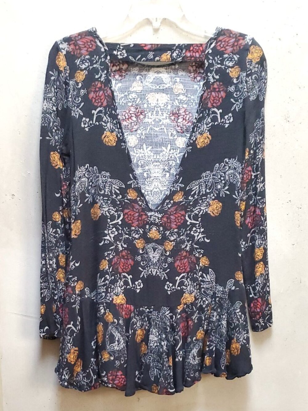 Free People Smooth Talker Tunic Mini Dress Raven XS Floral Backless Boho Pockets